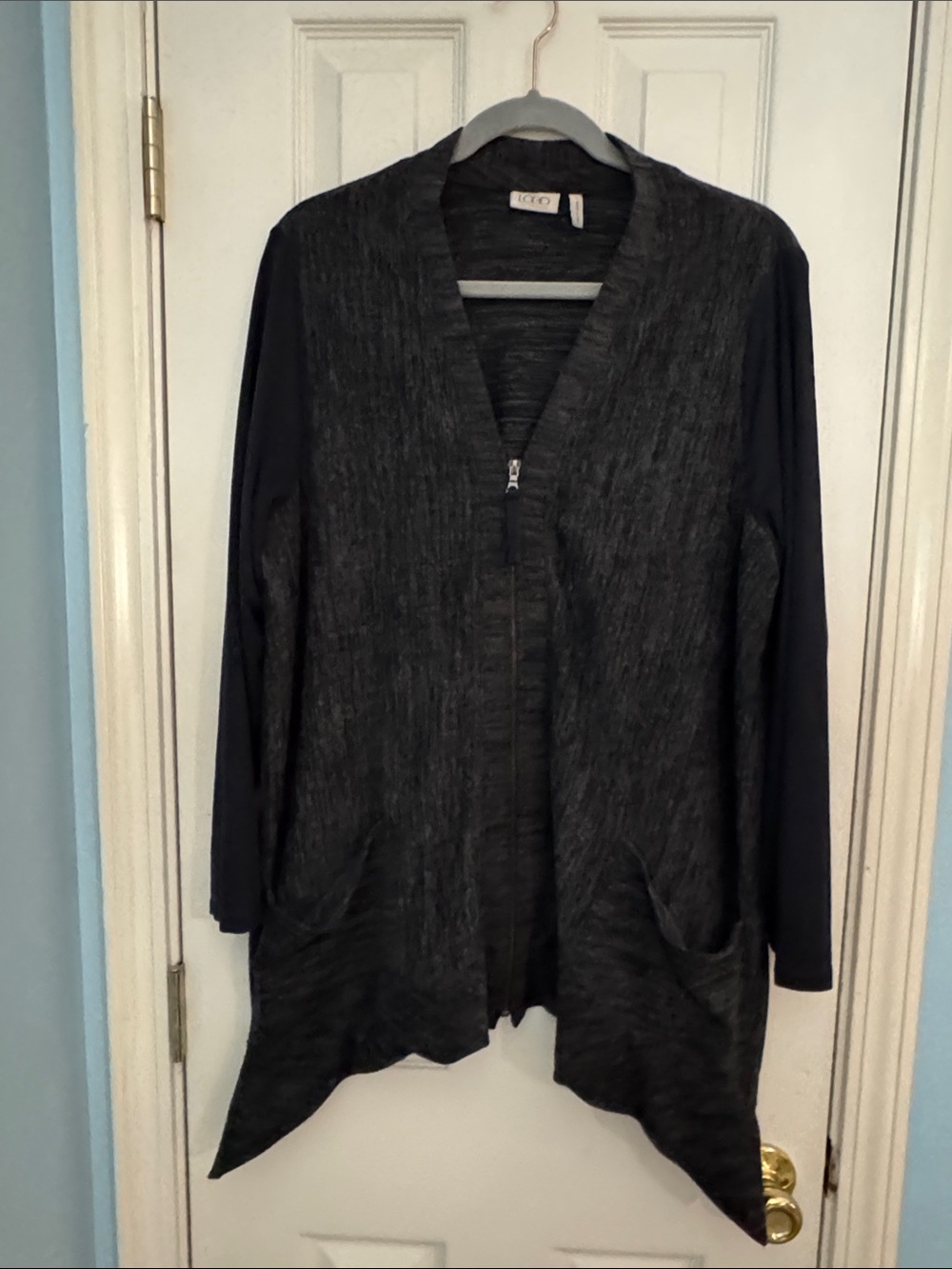 LOGO Lori Goldstein Charcoal and Black Open-Front Women's Cardigan